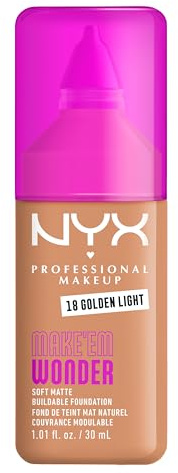 NYX Professional Makeup Make 'Em Wonder Foundation, 24H Soft Matte Aufbaubare Foundation, Mit hoher Deckkraft, Mattes Finish, 18 Golden Light