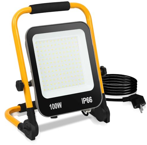 ISOISL LED Baustrahler, 100W 8000LM LED Strahler, 220V LED Arbeitsleuchte mit Stecker, IP66 Wasserdicht Baustrahler mit 3M Kabel, Tragbar für Werkstatt oder Baustelle,Garage, 6000K