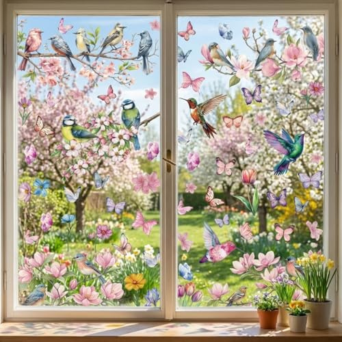 Fensterbilder Frühling Selbstklebend, 9 Blatt Fenstersticker Frühling, Fensterbilder Blumen Vögel Schmetterling, Statisch Haftende Frühlingsdeko Fenster, Wiederverwendbar Fensterfolie