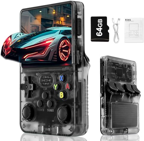 Rbic Console de Jeux vidéo rétro R36S-Batterie Rechargeable de 3000 mAh, écran HD de 3,5 Pouces, Carte TF de 64 Go, système Linux Open Source, Plus de 20000 Jeux vidéo Classiques-Noir