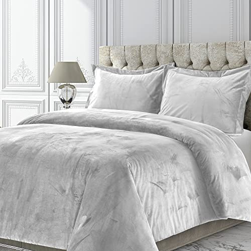 Tribeca Living VENICEDUVET Venedig Samt-Bettwäsche-Set, Übergröße, massiv, 3-teilig, Kingsize-Bett, Silbergrau