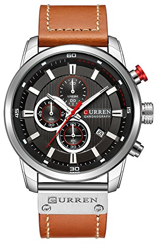 CURREN Herren-Armbanduhr, wasserdicht, Sport, Chronograph, Militär, multifunktional, Leder, Quarz-Armbanduhr (silberfarben/schwarz), silber, Chronograph, Quarz-Uhrwerk