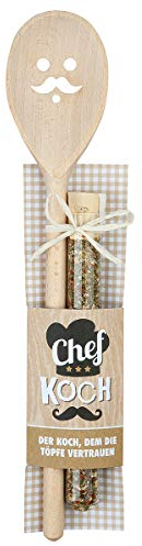 Hochwertiger Holz Kochlöffel Höhe 30 cm mit Gesicht und Gewürzmischung 15 Gramm sowie Rezeptidee in Geschenkform