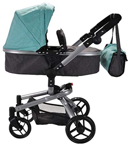 Bandits & Angels Puppenwagen Classic Angel 2in1 Mint ab 3 Jahren – Puppenwagen – Für Mädchen – Verstellbare Schiebestange 48-81 cm – Komplett zusammenklappbar – Mit Einkaufskorb