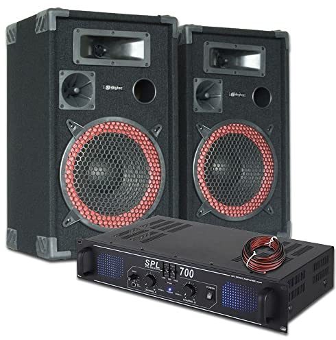 SkyTec DJ PA Pack de 2 Altavoces de 10 Pulgadas con Amplificador de 700W Puerto USB/SD, Pantalla retroiluminada Azul en el Amplificador y con Cable de conexión de 10 Metros. Ideal para DJ y Eventos