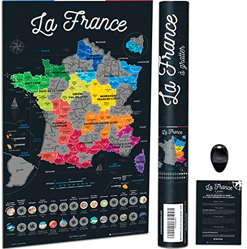 Bonanzana - Carte de France à Gratter - 70x42 cm - Poster à Gratter les Régions & Départements Français Visités avec Plats & Lieux - Carte Cadeau Murale voyages - Scratch Off Map