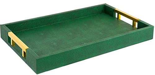 Modern Elegant 18x12 Rectangle Emerald Green Shagreen Decorative Ottoman Coffee Table Perfume Living Room Kitchen Serving Tray with Gold Polished Metal Handles by Home Redefined for All Occasion's