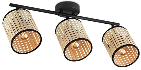 Home Sweet Home Landhaus LED Deckenleuchte | Ratan | 48/10/22cm | Schwarz | Deckenstrahler 3 Flammig | Rattan und Metall | Dimmbar | inkl. LED-Leuchtmittel | E14 4W 400lm |