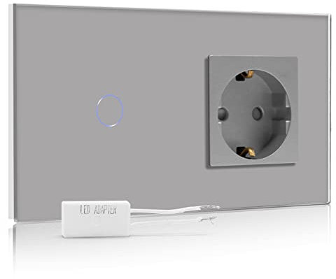 BSEED Dimmer Schalter mit Steckdose mit LED Anzeige 1 Fach 2 Weg Berühren Sie Das Sensorfeld Touchscreen Wandsteckdosen Led Dimmer Touch Lichtschalter Grau