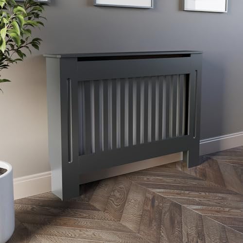DuraTherm® Radiator Cover Anthracite Grey Painted Modern Vertical Slat Shelves MDF Cabinet Shelf for Radiators, Living Rooms, Bedrooms, Medium (H: 112cm / W: 81.5cm / D: 19cm)