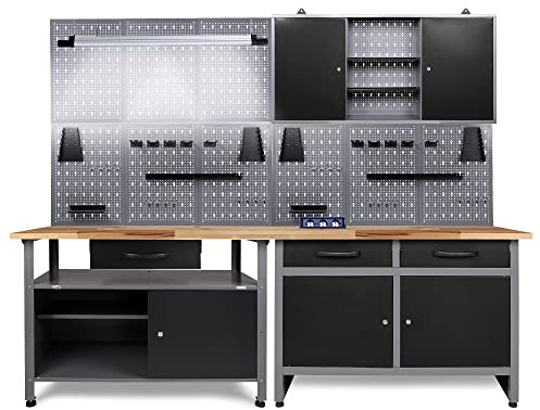 Ondis24 Werkstatt Werkstatteinrichtung 240cm Komplettset mit LED und Bluetooth Lautsprechern, inkl. versenkbare Steckdosenleiste grau Werkbank Werkzeugschrank Lochwand