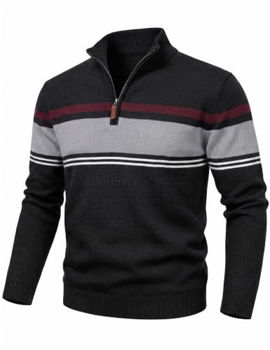 KEFITEVD Men's Jumpers Quarter Zip Winter Warm Sweater Mock Turtle Neck Casual Pullover Cotton Knitted Striped Work Jumper