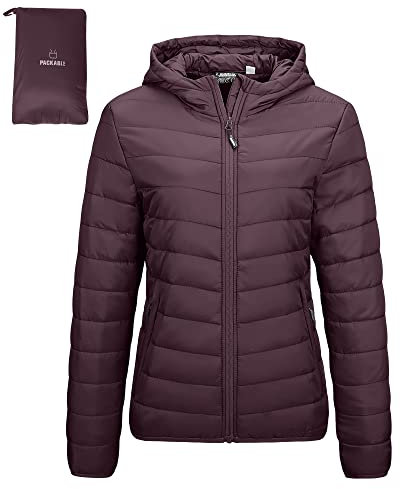 Outdoor Ventures Piumino invernale da donna, leggero, con cappuccio, caldo, corto, ripiegabile, trapuntato, imbottito, per le mezze stagioni, foderato, per escursioni e viaggi, Viola, S