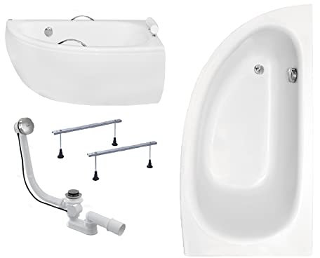 BADLAND Badewanne Original Weiß Acryl Wanne Eckbadewanne MILENA 150x70 Rechts KOMPLETTSET SET mit Weiß Acrylschürze + Füßen und Exklusive Chrom Automatik Ablaufgarnitur Made in EU 4in1