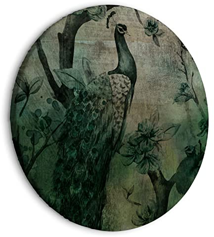 murando - runde Bilder Pfauen 40x40 cm Leinwandbild 1 tlg Kunstdruck modern Wandbilder XXL Wanddekoration Design Wand Bild Zweige Blätter Vögel Aquarell g-C-10030-bc-a