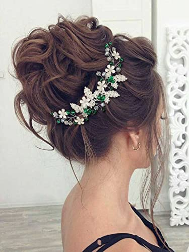 IYOU Blume Hochzeit Haar Rebe Grün Kristall Haarschmuck Braut Brautjungfer Stirnband Kopfschmuck für Frauen