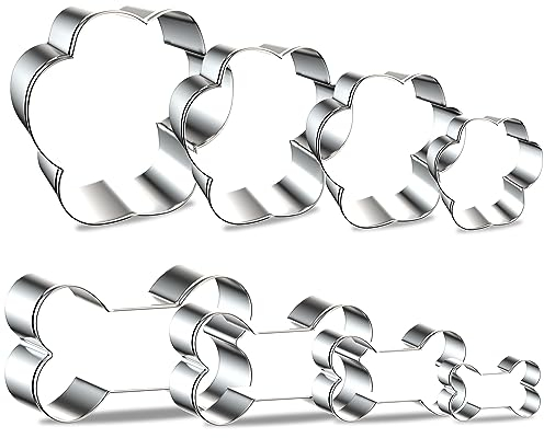 Hottion Lot de 8 emporte-pièces en métal en forme d'os de chien et de pattes de chien, 4 tailles en forme d'os de chien, pour fête sur le thème des chiens, pour friandises faites maison