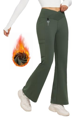 baleaf Damen Thermo Hose Yogahose Bootcut Leggings Wasserabweisend Crossover Flare Leggings Warm High Waist Tanzhosen mit Taschen Grün M