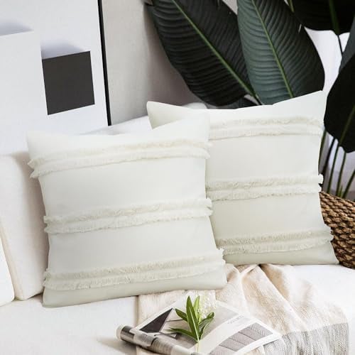 Merrycolor Boho Kissenbezug 45x45cm 2er-Set mit Quasten Beige Neutrale Kissenbezüge Bauernhaus-Boho-Kissen Dekorative Dekokissenbezüge für Couch Sofa Wohnzimmer
