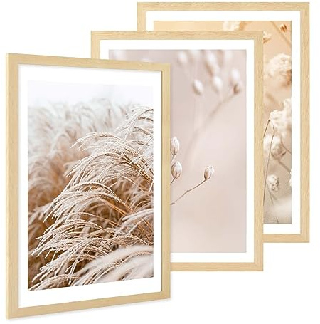 PHOTOLINI Bilderrahmen A2 Holz MDF Natur, 3er Set breiter A2 Bilderrahmen 42x59,4 zum Aufhängen, Rahmen 42x60 mit bruchsicherem Acrylglas & Zubehör - Poster Frame für Ihre stilvolle Wanddekoration