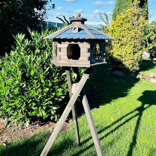 DARLUX Vogelfutterhaus XL Sechseck Vogelhaus + Ständer Futterstelle Braun/Blau