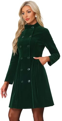 Allegra K Manteau A-Line en Velours pour Femmes Caban Mi-Long d'Hiver Trench-coats à Double Boutonnage Vert Foncé L