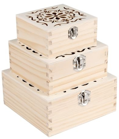 Ideen mit Herz Dekorative Boxen aus Holz | Vintage | Holz-Kiste mit Ornament | Schatulle | DIY | Deko | Erinnerungsbox | Aufbewahrungs- und Ordnungsschachtel | quadratisch | 3 Größen | 3 Stück