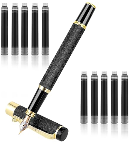 Amaxiu Matte Black Fountain Pen Set, 0.5mm Fine Nib Fountain Pen with 10 2.6mm Ink Cartridges Smooth Writing Luxury Calligraphy Pen Office School Supplies Gift(Black)