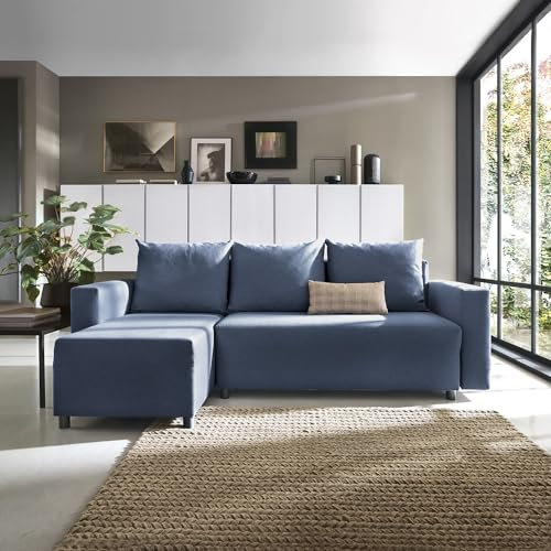 Abakus Direct Oslo Corner Sofa Bed with Storage Linen Fabric (Blue, Left)