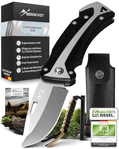 BERGKVIST® K30 Couteau Pliant (Couteau à deux mains) - couteau de survie pour la chasse, le camping, la randonnée avec pierre à feu & étui - manche en G10 noir