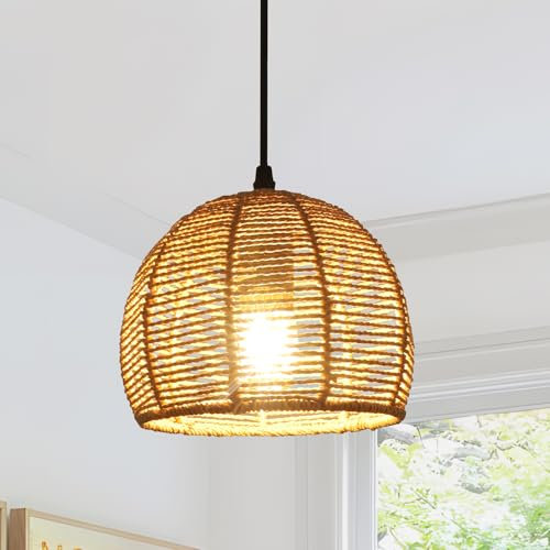 Comely Suspension Luminaire en Rotin, Lustre Plafonnier E27 Abat-jour en Rotin, Bohème Lampe de Plafond pour Chambre, Salon, Cuisine, Couloir, Café