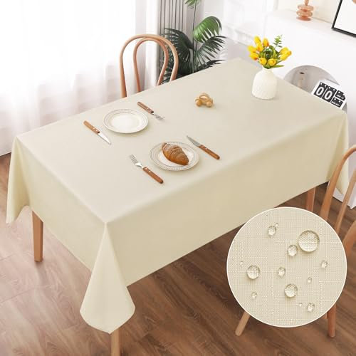 AooHome Tischdecke Abwaschbar, Beige Tischdecken 140x220cm Leinen-Optik Tischtuch aus Polyester Wasserabweisend mit Lotuseffekt, Dauerhaft Kratzfest für Wohnzimmer, Esszimmer, Balkon, Garten