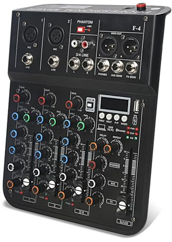 Jindaaudio 4 Channel mixer, DJ Mixer Board with Bluetooth and Usb, Audio Sound Card with Interface Recording and 48V Phantom Power, Sounds Mixer Board with FX Reverb Delay Effect for Streaming