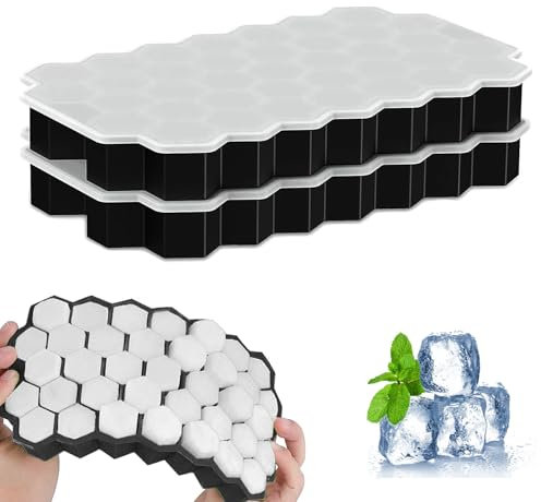Black Ice Cube Molds 37 Hexagonal for Freezer Ice Cube Tray with Lid, 2Pcs Silicone Ice Cube Moulds, Small Ice Cube Trays, Each Makes Ice Cubes Silicone for Chilled Drinks, Whiskey, Cocktail