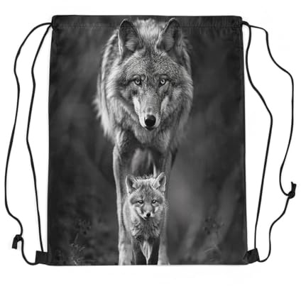 Turnbeutel Wolfsfamilie Retro Blätter Wildlife Niedlicher Kleiner Wolf Tierliebhaber, Stoff Beutel 36X43Cm Verstellbar Tunnelzug Gym Sack Unisex Rucksack Für Urlaub Reisen Sport