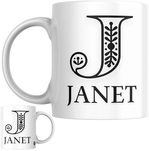 Designs of note! Janet Personalised Initial Name Mug | Letter J Decorative Coffee Cup for Her | Novelty Elegant Gift for Women or Girls Called Janet
