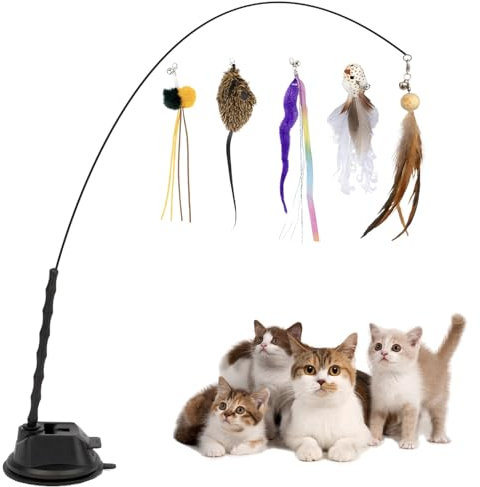 Plume Chat Ventouse Jouet, 7 Pièces Jouet Chat Ventouse avec Cloche Plume, Jouets à Plumes pour Chats Interieur, Ventouse et Jouet à Plumes pour Chat, Peche Chat avec Ventouse, pour Chatons Jouets