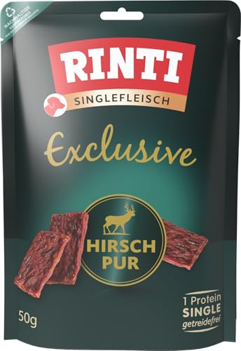 RINTI - Singlefleisch Exclusive | Leicht verdauliche Snacks aus exklusiver Fleischart für Sensible, ausgewachsene Hunde. Getreide- und zuckerfreie Hundesnacks im Frischebeutel | 12x50g Hirsch Pur