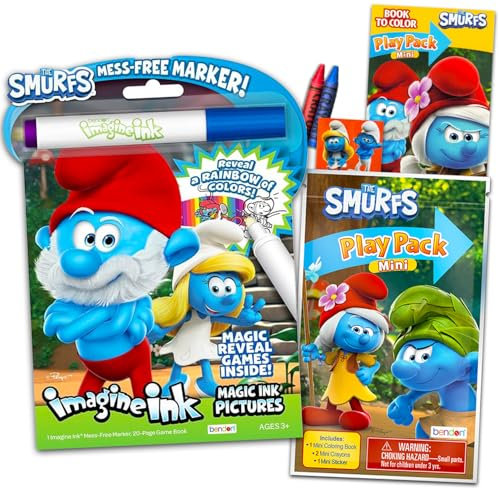 Mini-Malbuch-Set Schlümpfe – Bündel mit Schlümpfen, Spielpaket mit Malbuch, Aufklebern, Buntstiften und Schlümpfen, stellen Sie sich Tinte vor, schmutzfreie Malvorlagen, Schlümpfe, Partyzubehör