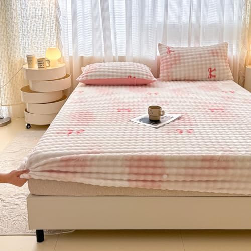 Bettschutz mit tiefen Taschen, Bettlaken aus Milchsamt, verdickter Matratzenschutzbezug für Herbst und Winter, Spannbettlaken aus Korallenvlies, rosa Fliege, 47 Zoll x 79 Zoll (3 Stück)