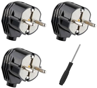 Schuko Stecker, Stromstecker mit Zugentlastung, Schutzkontakt-Stecker mit Knickschutztülle, Spritzwassergeschützt und Langlebig, Bruchfest, Stecker 250V, 3 Stücke Schwarz