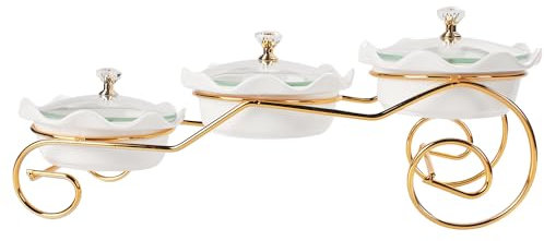 jinsongdafa Ceramic Serving Bowls with lid Metal Dishes, 3 Removable Small Bowls Relish Tray Nuts Dishes for Snack, Fruits, Sugar, Candies - for Parties, Party, Gift