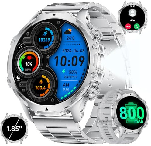 Smart Watch for Men Answer/Make Calls 800mAh Big Battery 1.85 HD Male Smartwatch with Flashlight/Heart Rate/Sleep/SpO2 Monitor,100+ Sports Modes,Silver Steel Outdoor Men Smartwatch for iOS Android