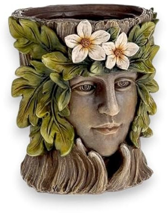 Divas World Enchanted Green Man or Lady Head Planter Pot 3D Wooden Effect Resin Flower Pots Decorative Garden Sculpture with Leaf & Floral Design Outdoor Decor (Lady Planter)