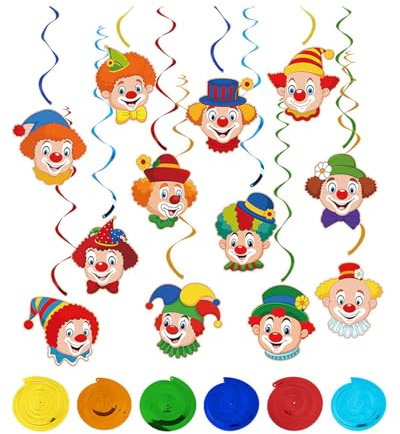BPTRKOM 12 Stück Clown Girlande Karneval- Spiral Girlanden mit Clown Motiv Karneval Luftschlangen mit Zircus Clown Hängedeko Spiral für Fasching Karneval Geburtstag Zirkus Party Deko