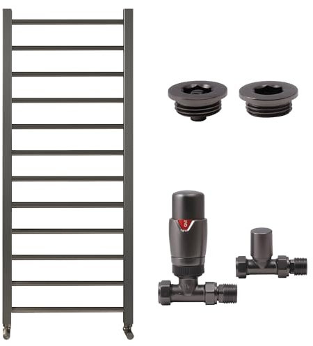 Gunmetal Bathroom Straight Heated Towel Rail Radiator 800 x 500 with Straight Thermostic Valves & Air Bleed Vent Set