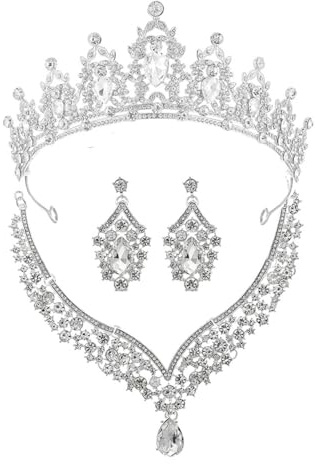 XFSRG Elegantes Braut Schmuckset 3 Teilig mit Funkelnder Krone V Förmiger Halskette und Tropfenförmigen Ohrringen Luxuriöses Hochzeitsschmuck für Besondere Anlässe (Silber)