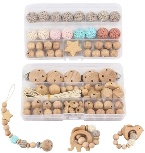 Jorzer Lot de 84 Perles en macramé Naturelles en Bois, crochetées à Faire soi-même avec Clips pour Attache-tétine, Bracelets, Loisirs créatifs et macramé.