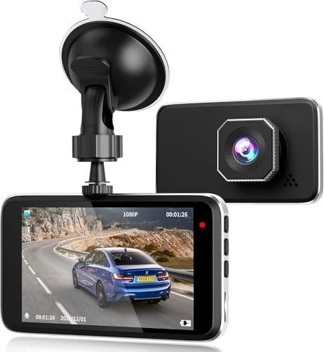 Dash Cam Front, 1080P FHD 170° Wide Angle, 4 LCD Screen with Night Vision, G-Sensor, 24/7 Parking Monitor & Loop Recording, Supports 64GB SD Card for Reliable Accident Evidence