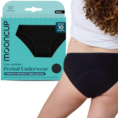 Mooncup Slip Menstruali Vita Bassa, Assorbono Fino a 10 Assorbenti Interni, Lavabili in Lavatrice, M - UK Size 12, Nero (Confezione da 1)